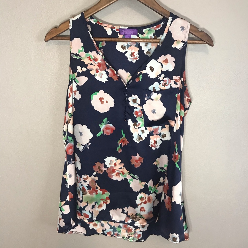 Hale Bob Blouse Blue Floral Sleeveless Top V-Neck